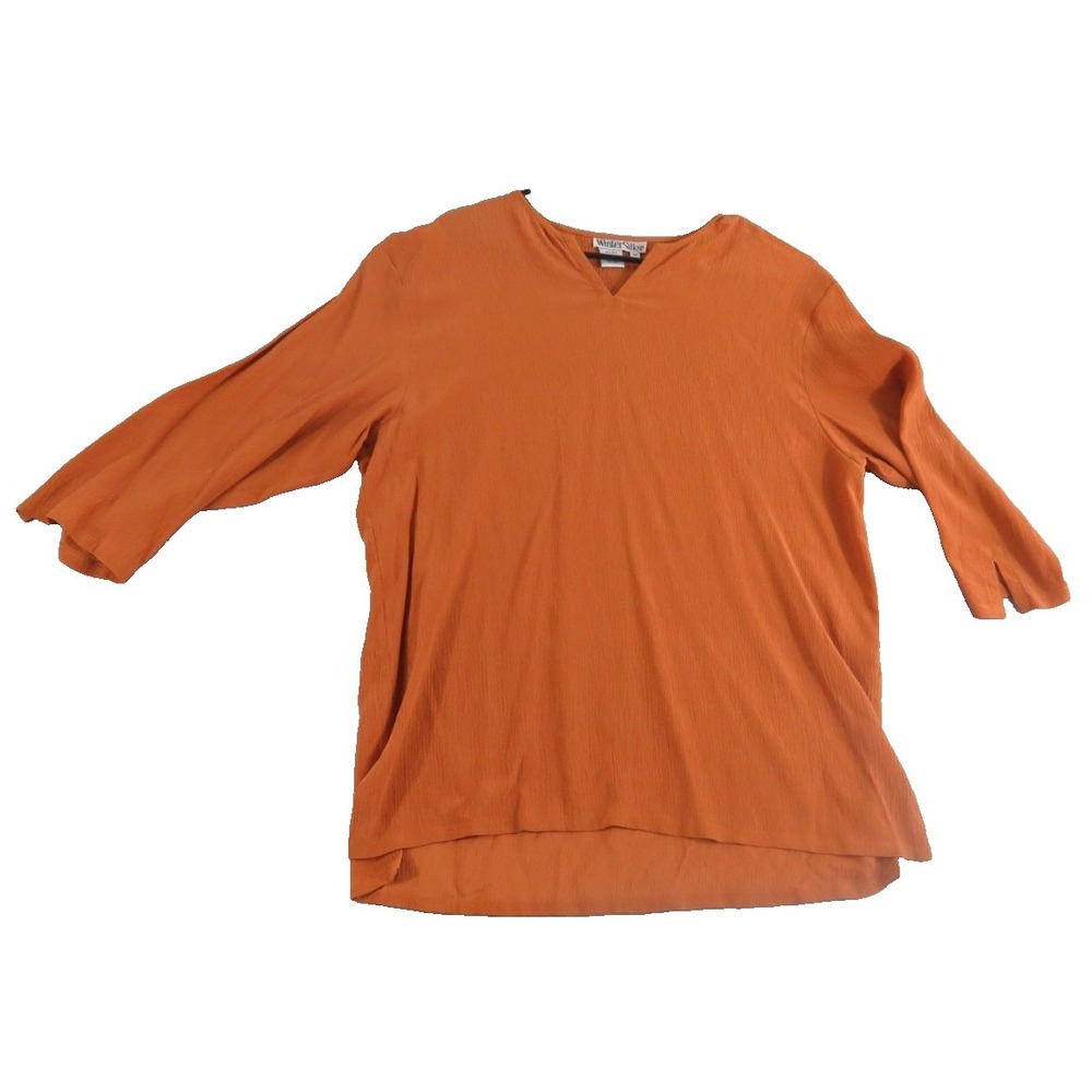 WinterSilks 100% Silk Blouse Women M Burnt Orange V-Neck Crepe Tunic Long Sleeve